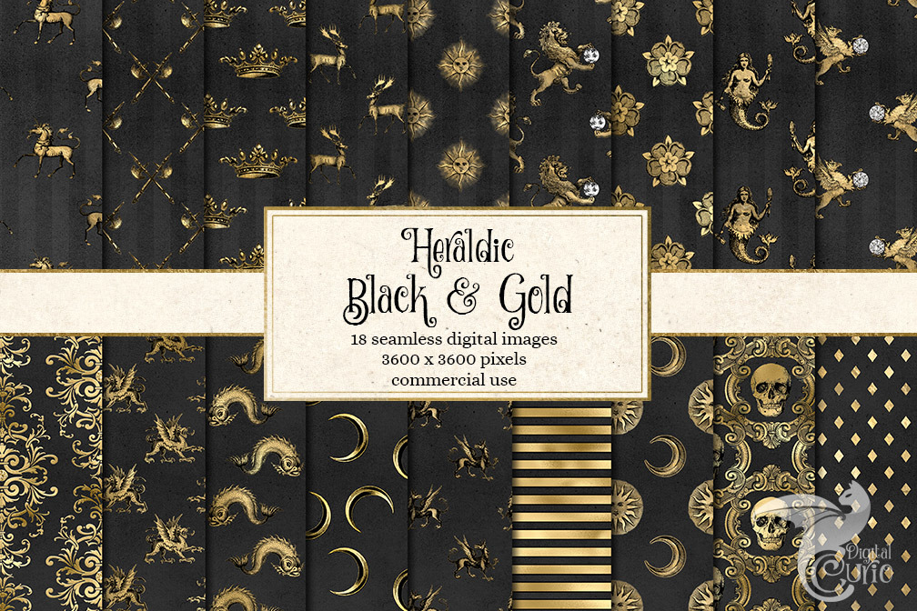 Heraldic Black & Gold Digital Paper, a Pattern Graphic by Digital Curio
