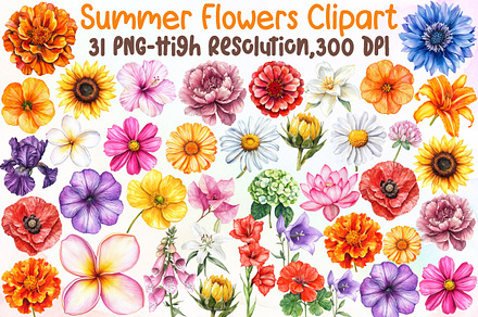 Watercolor Summer Flowers Clipart, an Illustration by Sublimation Artist