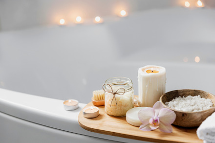 Hotel spa treatment or home bath procedure. Bathroom with accessories on tray, a Health & Medical Photo by Lenor4ik
