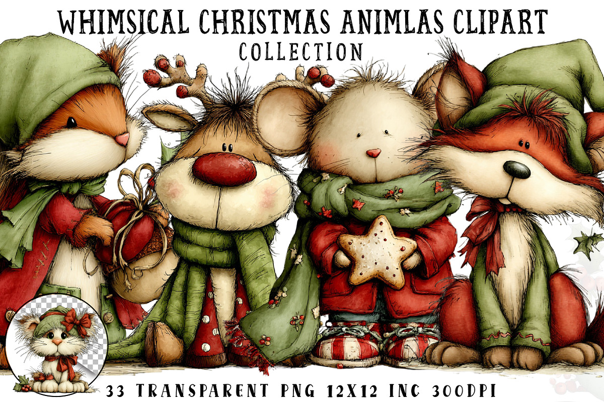 Whimsical Christmas Animals Clipart, an Illustration by OK Design (Photo 1 of 6)
