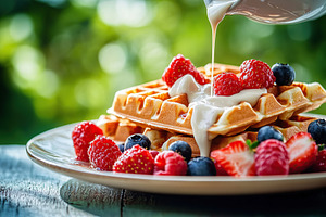 Delicious waffles topped with fresh berries and pouring melted milk in a sunny, a Food & Drink Photo by AlyaAnd
