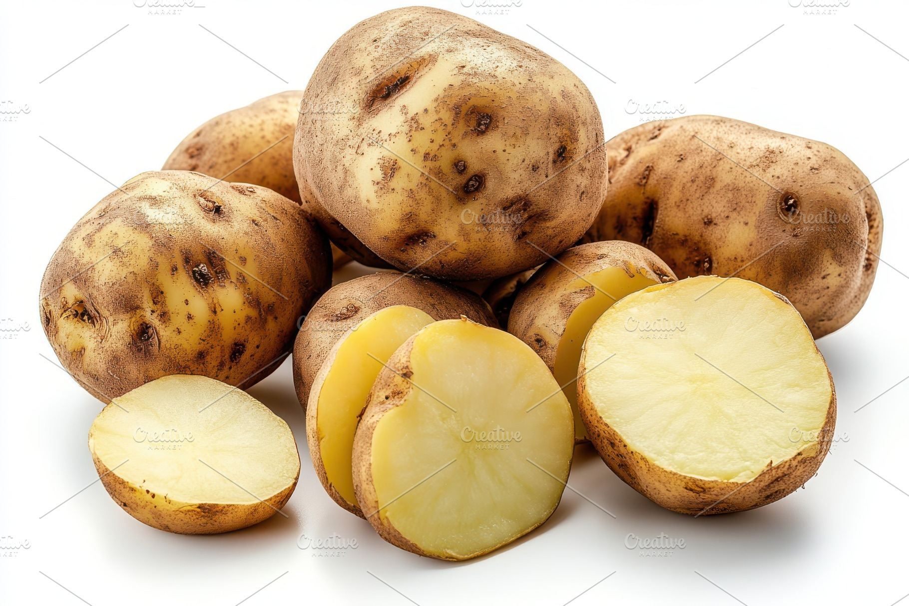 Fresh Potatoes Sliced and Whole Read, a Photo by Pixeness Studio