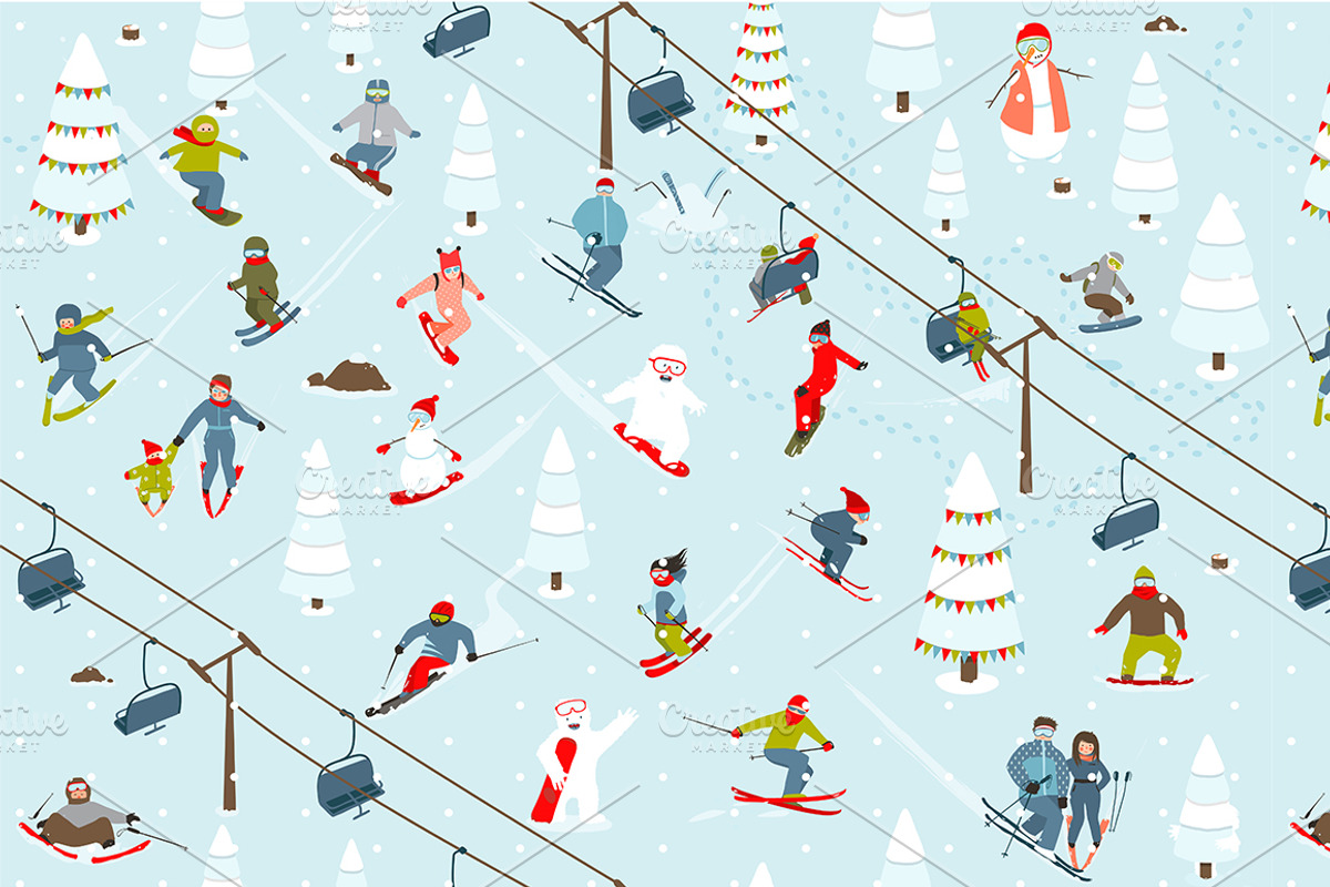 Mountain Ski Resort Seamless Pattern preview 2