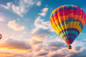 hot air balloons up in the blue sky,, a Transportation Photo by AvalgaCollectiblesan