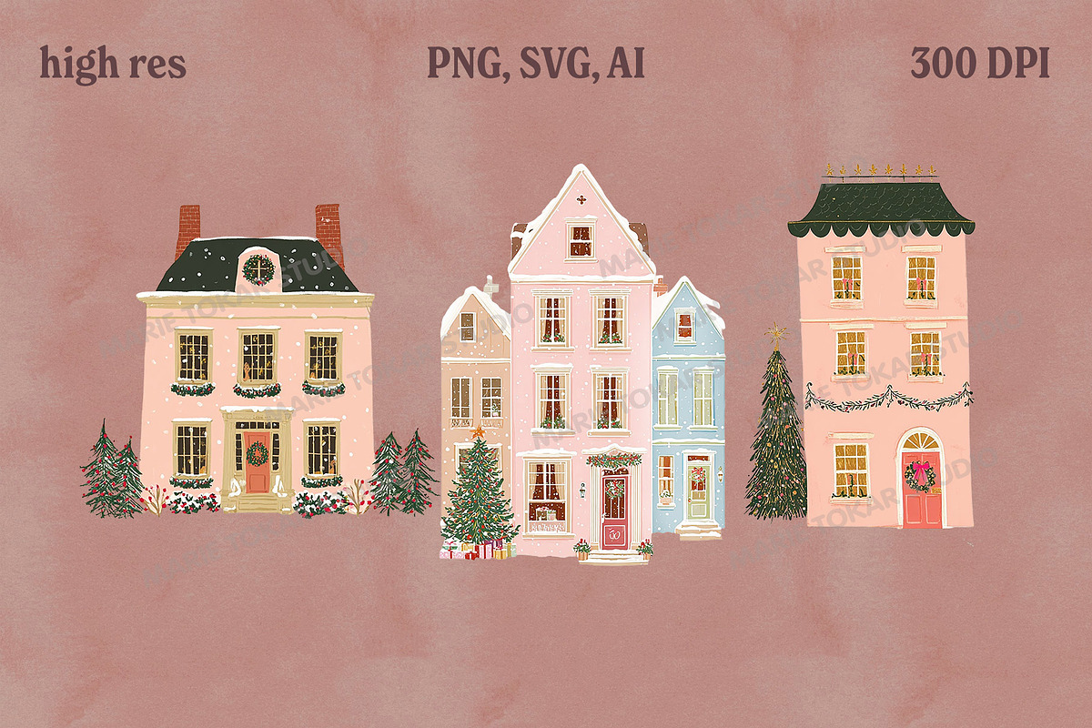Hand-Drawn Cute Christmas Houses, a Seasonal Illustration by Marie T (Photo 2 of 5)