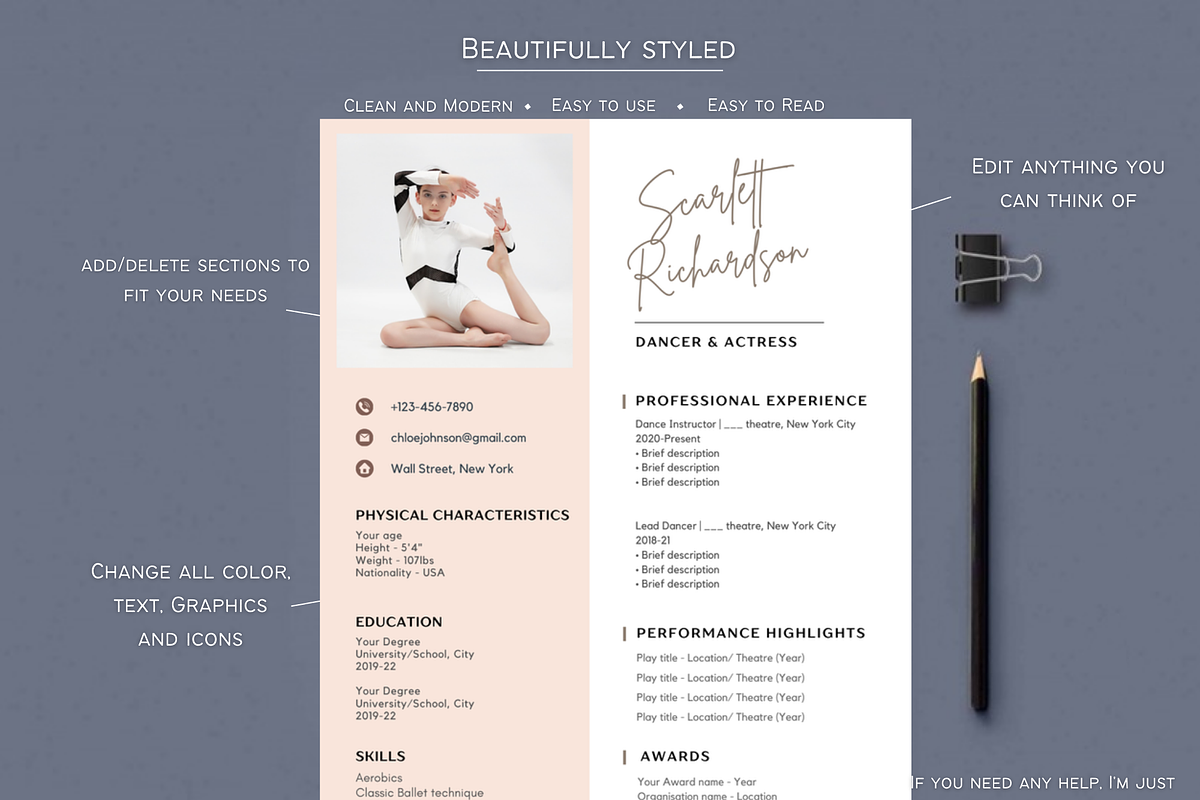 Ballet Resume template Canva 2024, a Resume Template by Climbwithelevator (Photo 2 of 6)