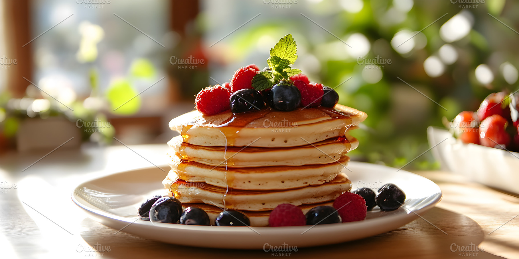 Pancakes with berries and maple syrup in sunlight, a Food & Drink Photo by Photostock