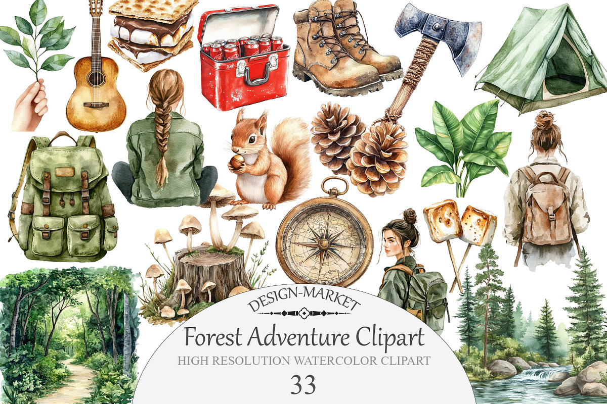 Watercolor Forest Adventure Clipart, an Illustration by Design Market (Photo 1 of 4)
