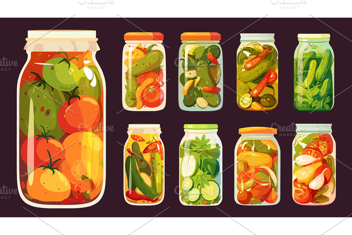 glass jars with vegetables. canned, a Food Illustration by Stock-Smart-Start
