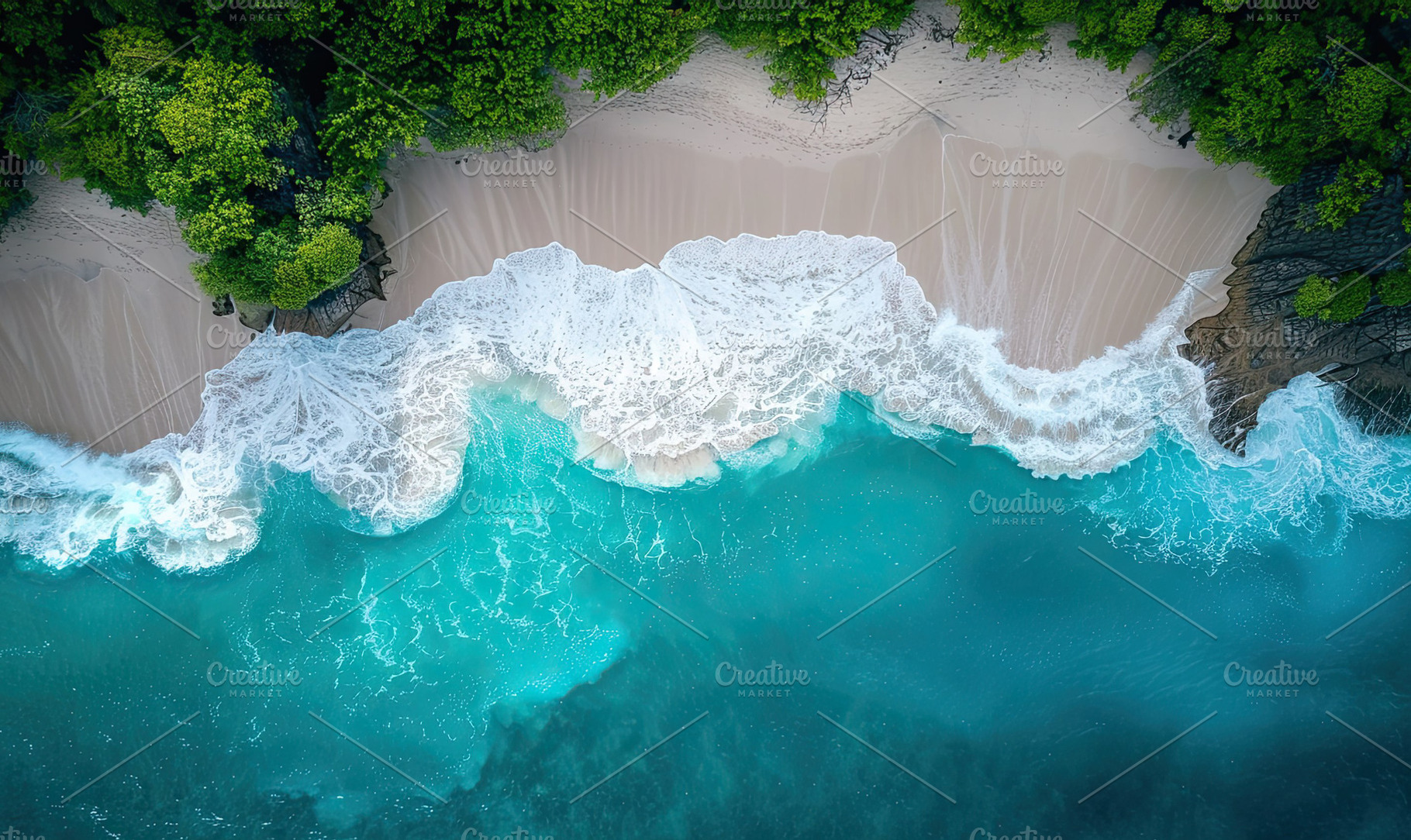 Drone view of a secluded beach with, a Photo by LOGOCREATIVE