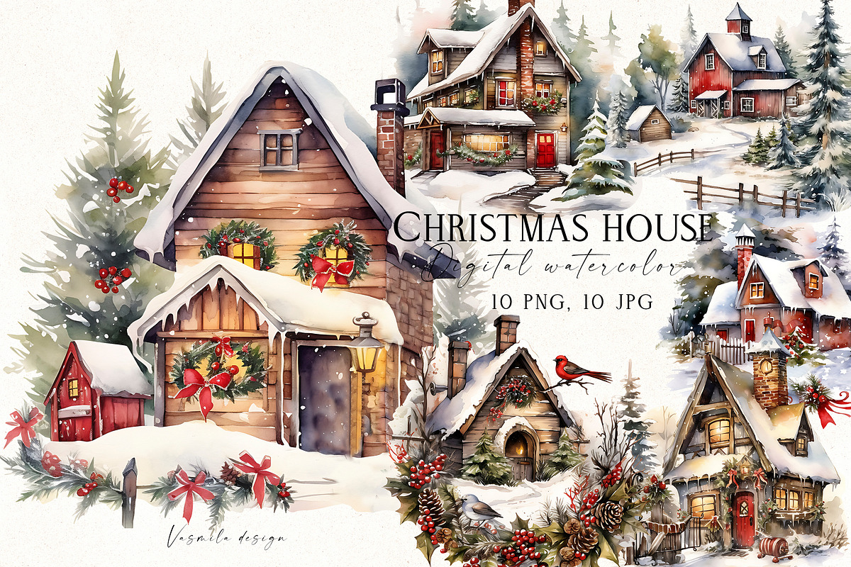 Watercolor Christmas House, a Seasonal Illustration by Vasmila (Photo 1 of 8)