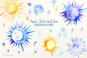 Watercolor Sun, Moon And Stars