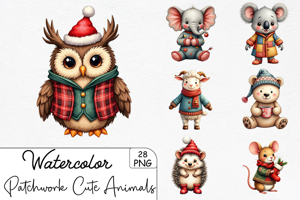 Patchwork Christmas Cute Animals Cli, an Illustration by CrexoraLab (Photo 3 of 5)