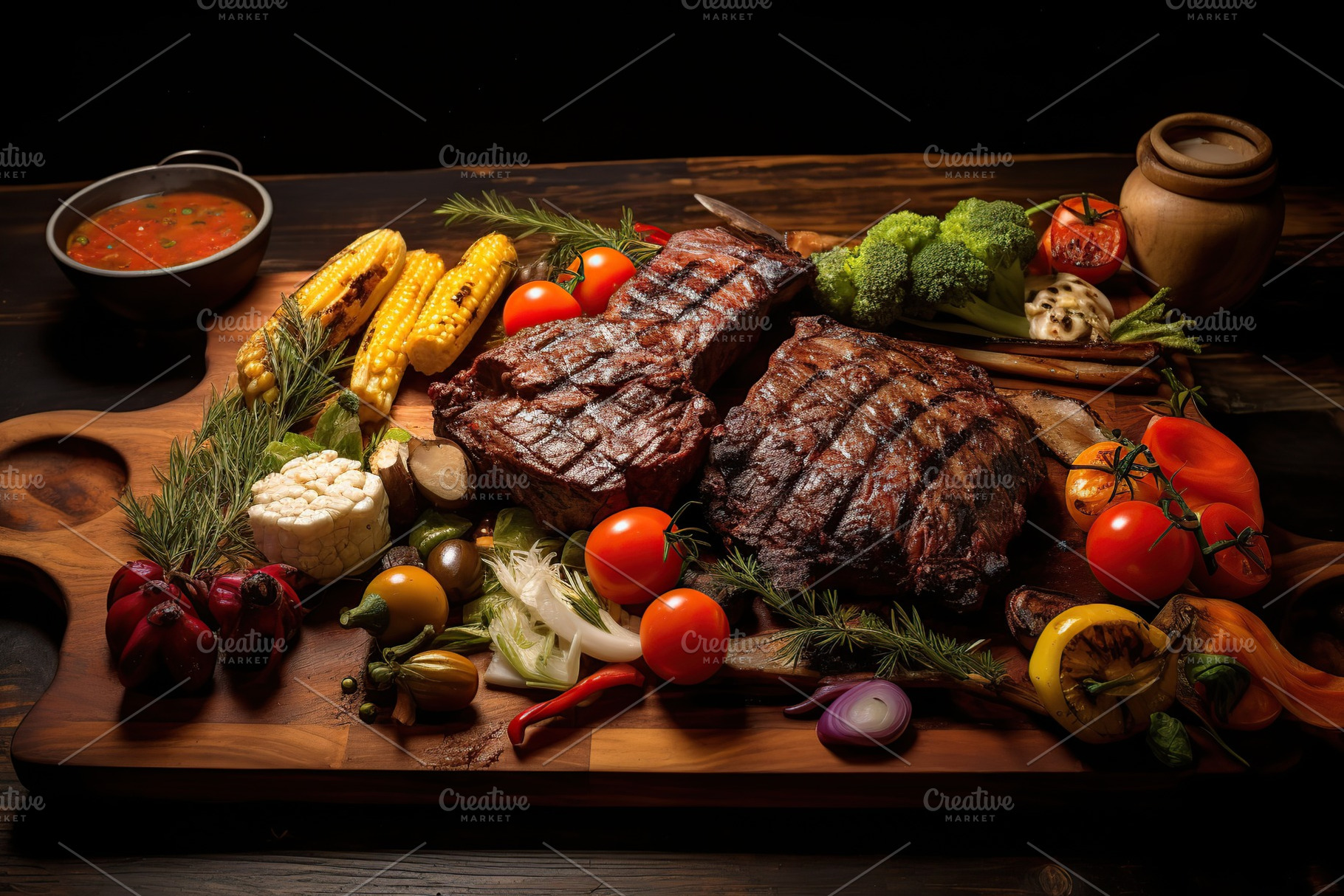 BBQ marinated meat with vegetables on wooden table, a Food & Drink Photo by AlyaAnd
