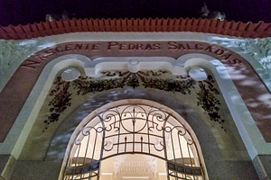 Low angle view of elegant building with lights on, pedras salgad, an Architecture Photo by DanFLCreativo
