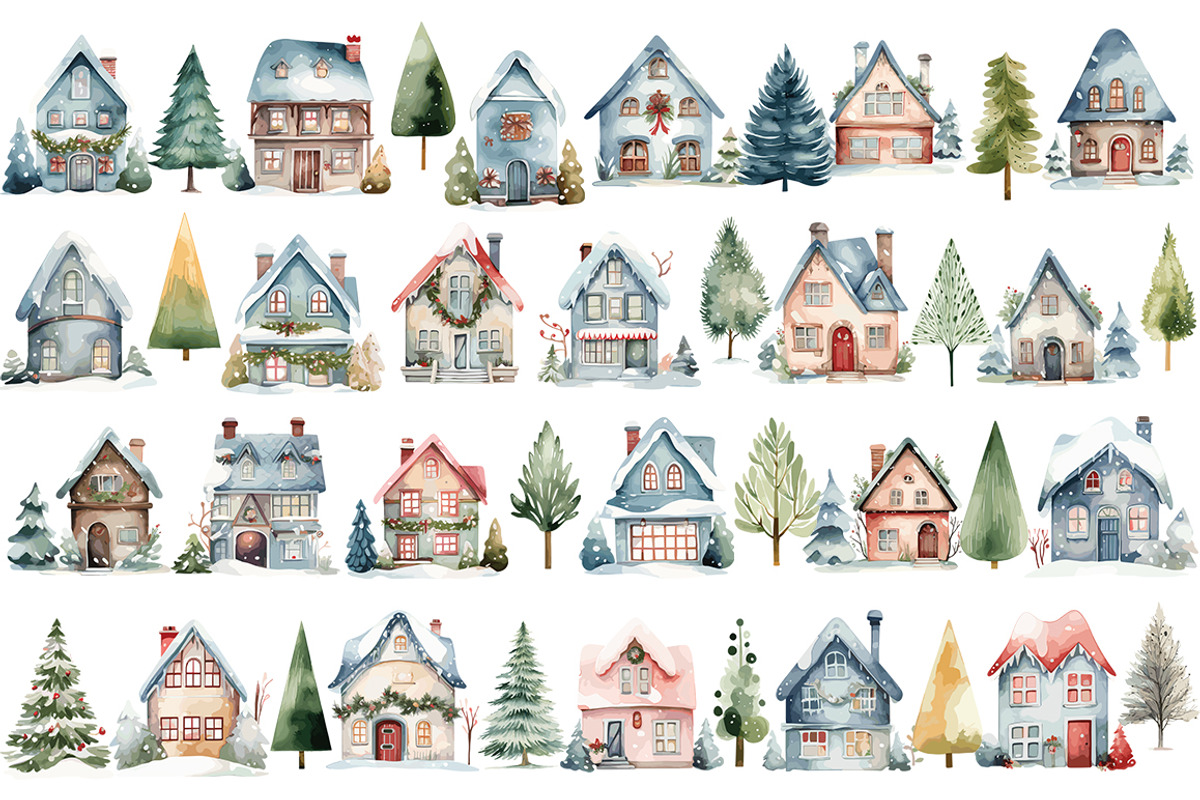 Watercolor Christmas Houses, an Object Illustration by Evgeniia (Photo 2 of 5)