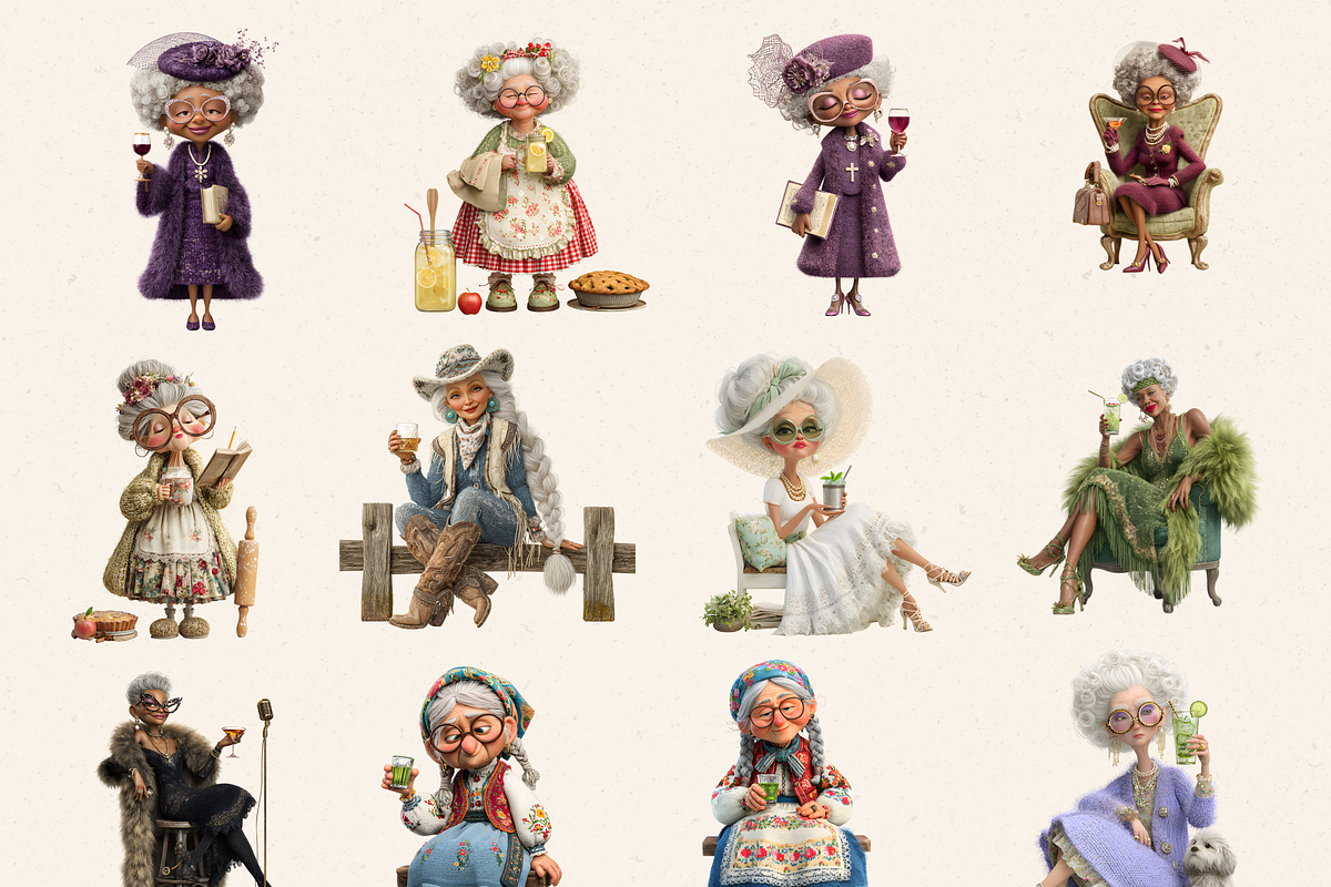 FUNNY OLD LADIES WITH DRINK CLIPART, a Person Illustration by Daring Digies (Photo 2 of 10)