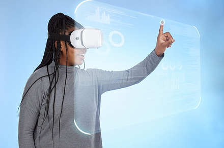 Vr, augmented reality and digital with black woman and 3d hologram for future, cyber and metaverse. Media, ui and technology with girl and headset for ux interface, innovation and data graphics, a Photo by Peopleimages.com