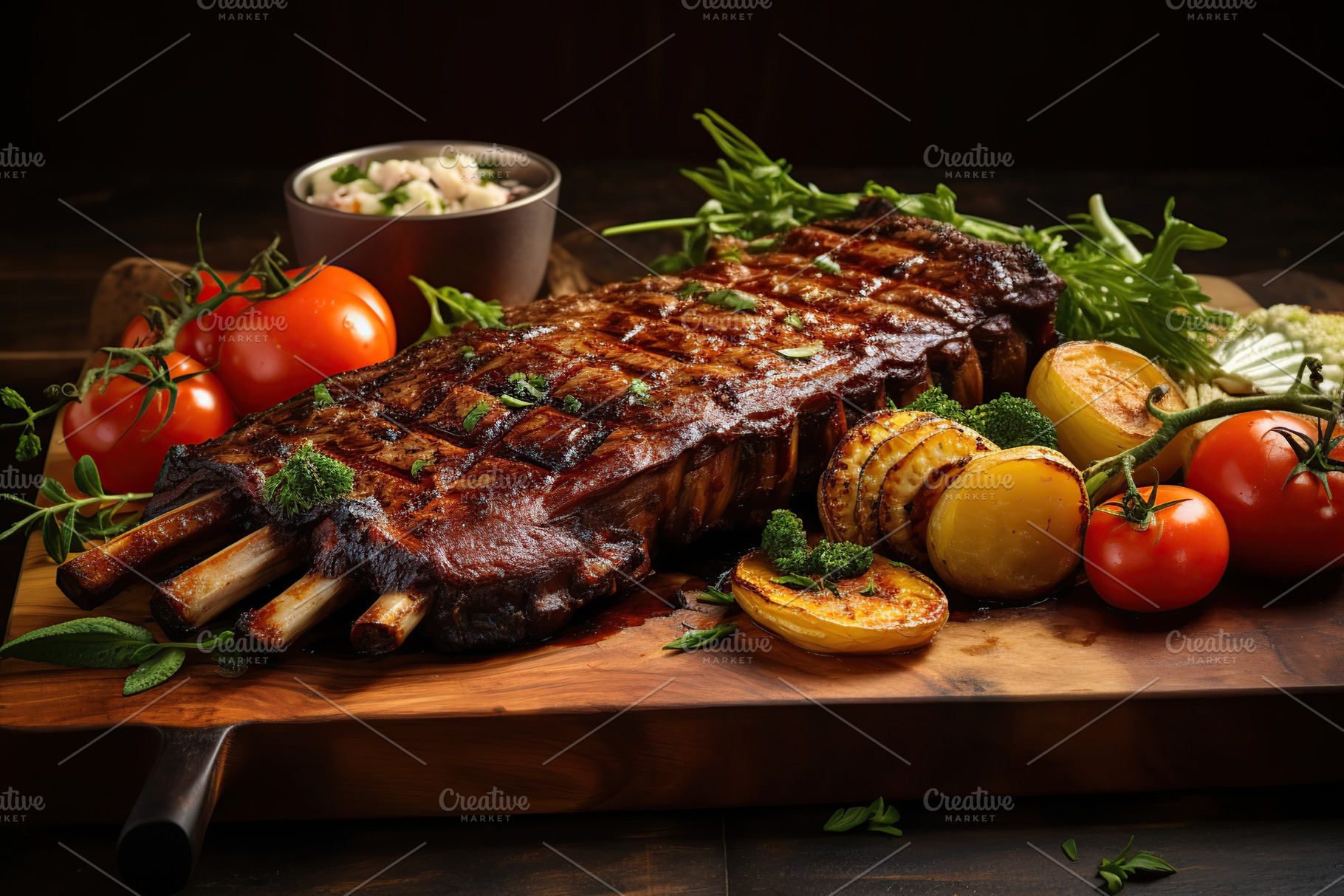 BBQ marinated meat with vegetables on wooden table, a Food & Drink Photo by AlyaAnd