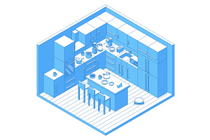 Isometric kitchen interior. Cooking, an Object Illustration by Valerie Bodnar