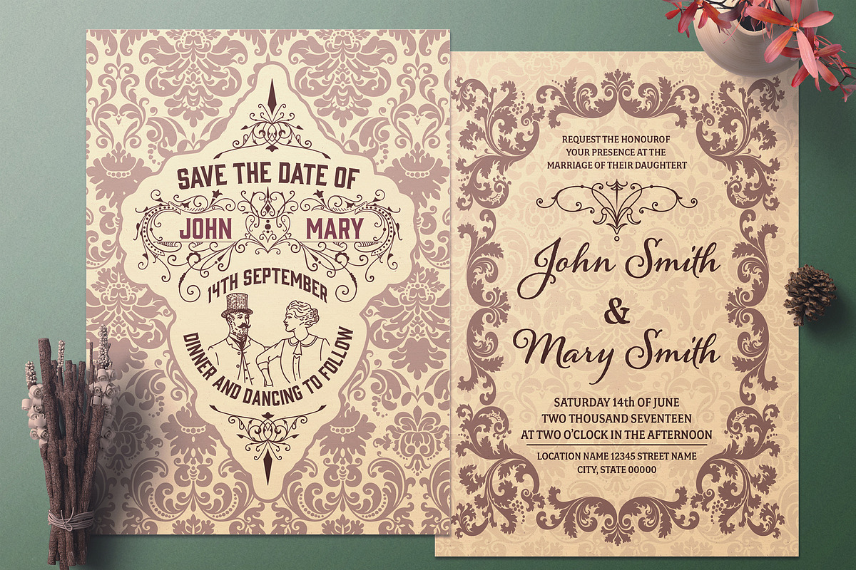 Mega Set Vintage Wedding Invitations, an Invitation Template by OneVectorStock (Photo 16 of 18)