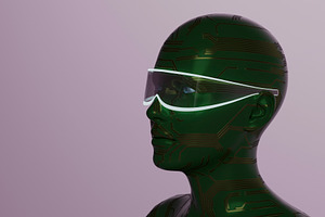 Green circuit humanoid wearing glowing smart visor