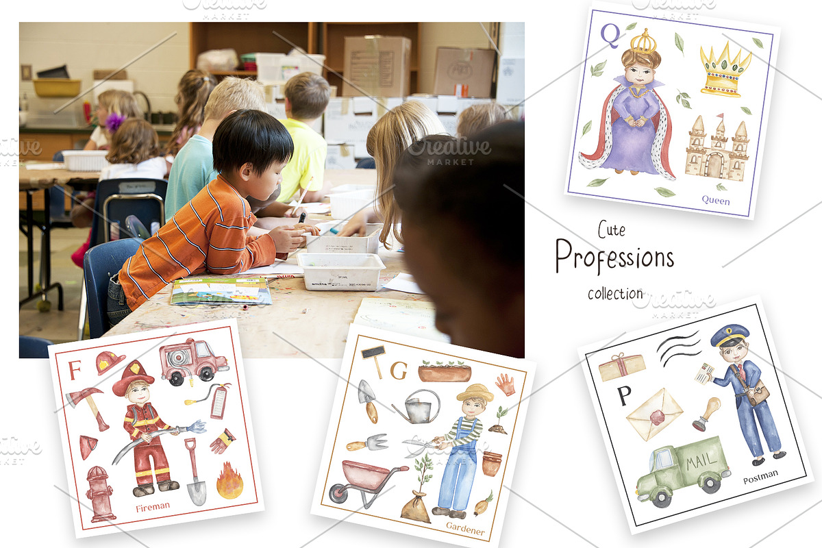 Watercolor Cute Alphabet Professions, an Education Illustration by MayaNavits (Photo 9 of 12)