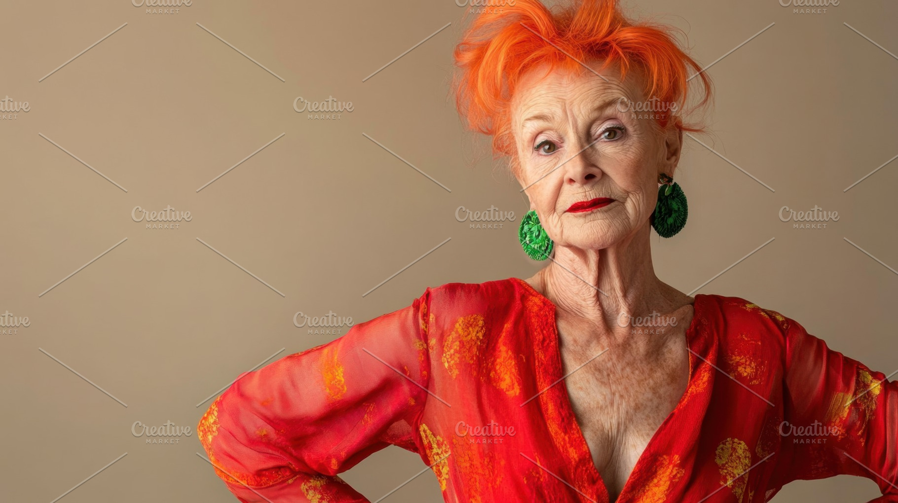 Older woman in vibrant fashion, a Photo by Beautiful things