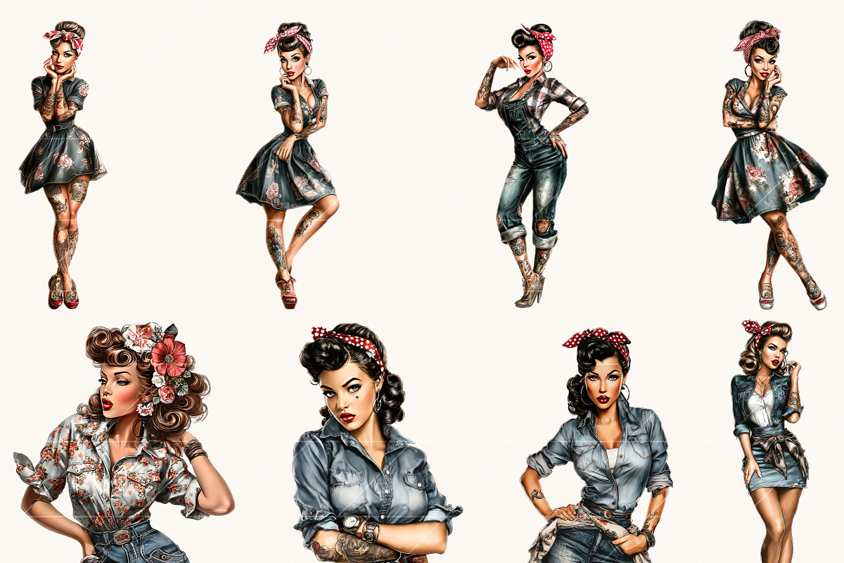 Rockabilly Girl Clipart Bundle, a Person Illustration by BusyDaydesign (Photo 4 of 9)