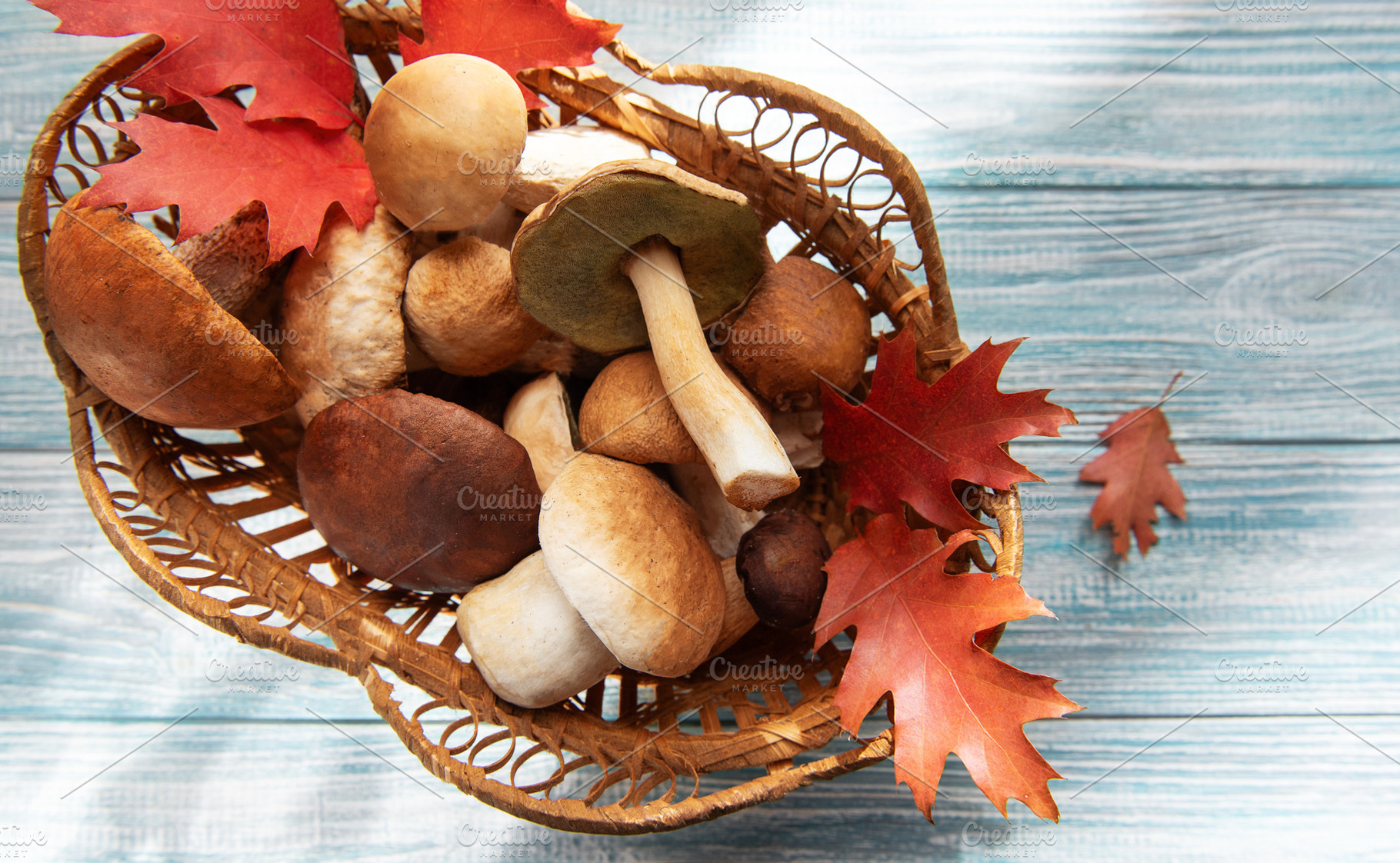 Wild mushrooms and autumn leaves in wicker basket, a Food & Drink Photo by Olena Rudo