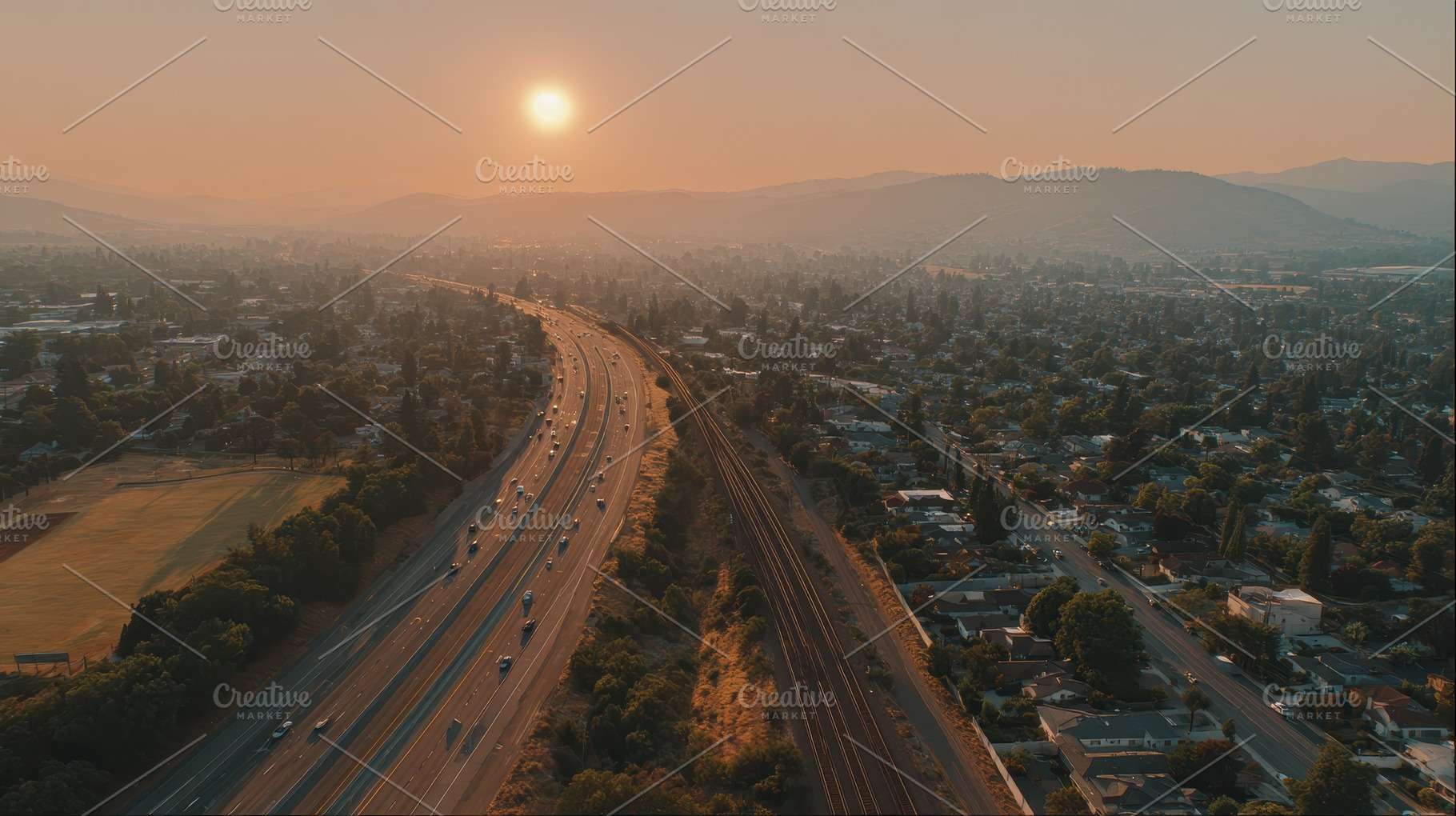 Sunset Highway Aerial View Suburban, a Photo by Pixeness Studio