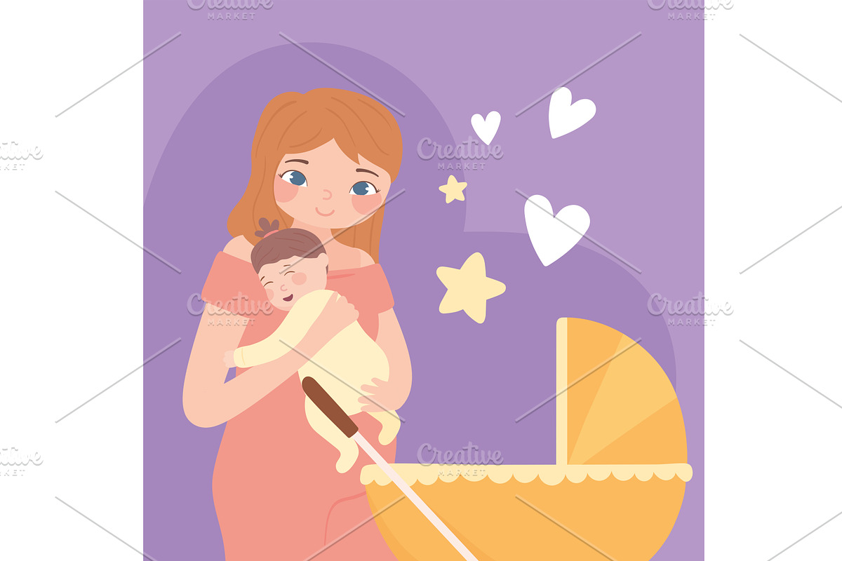 mom and baby with pram, a Person Illustration by studiogstock