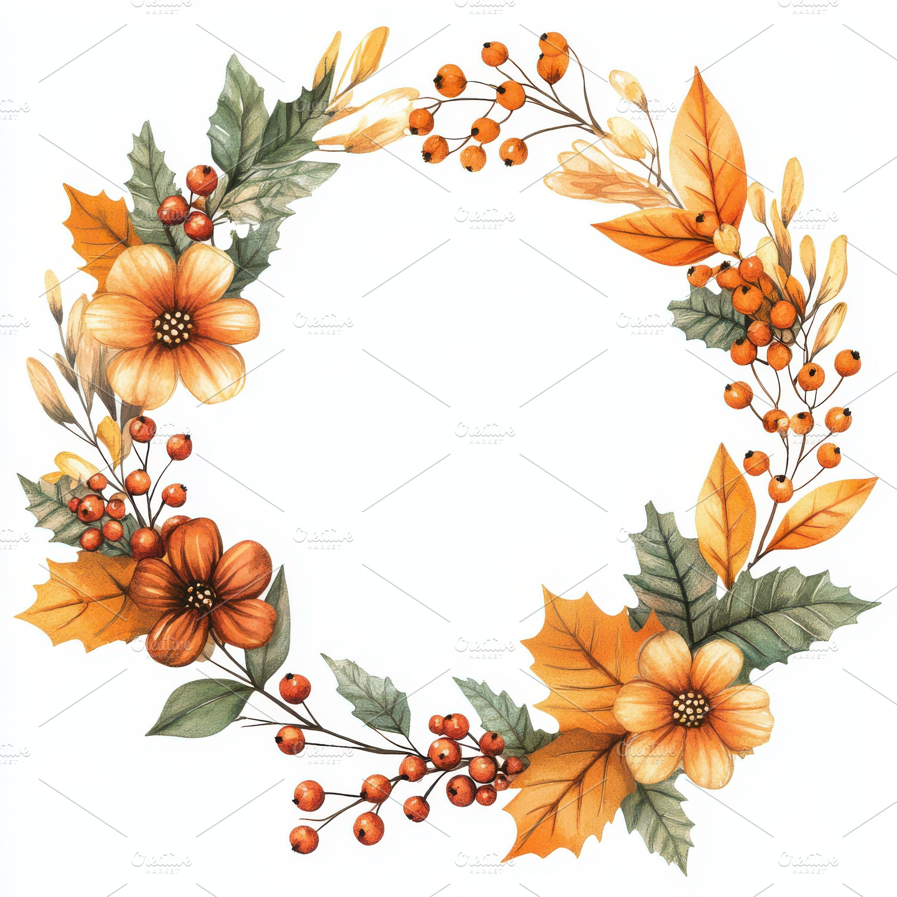 Watercolor autumn wreath frame with, an Abstract Photo by Pixeness Studio