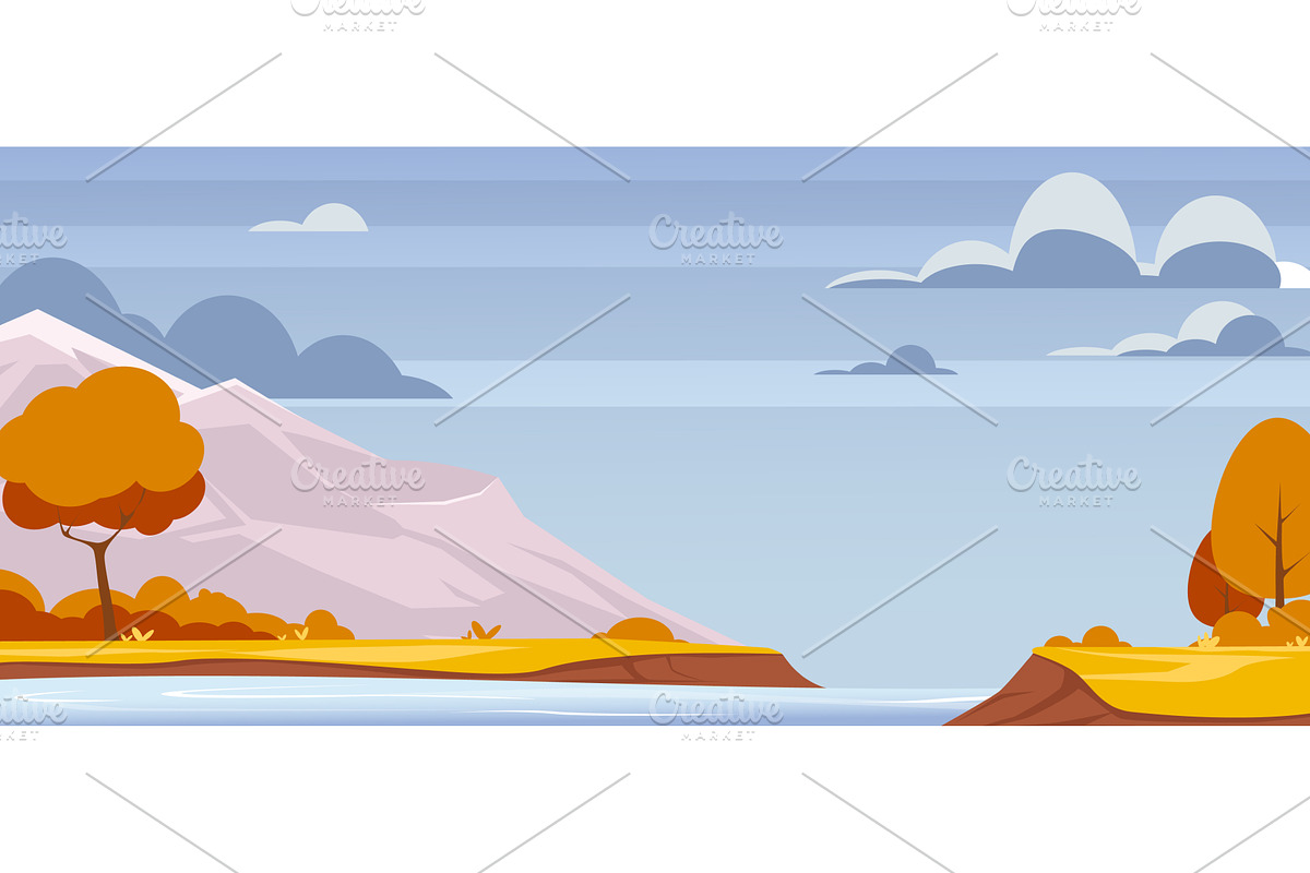 Autumn landscape with river, trees, an Illustration by Vectorbuum