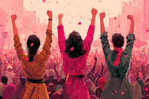 Women standing together with raised fists in a massive pink prot, a Person Photo by José Manuel Gelpi