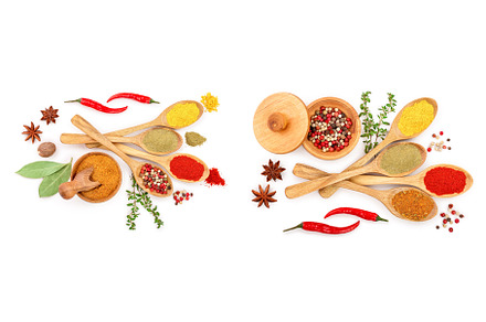 mix of spices in wooden spoon