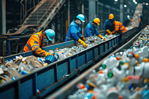 Workers sorting waste on conveyor with different household waste in factory, an Industrial Photo by AlyaAnd