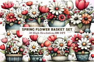 Spring Flower Basket Clipart, an Illustration by Sublimation Artist