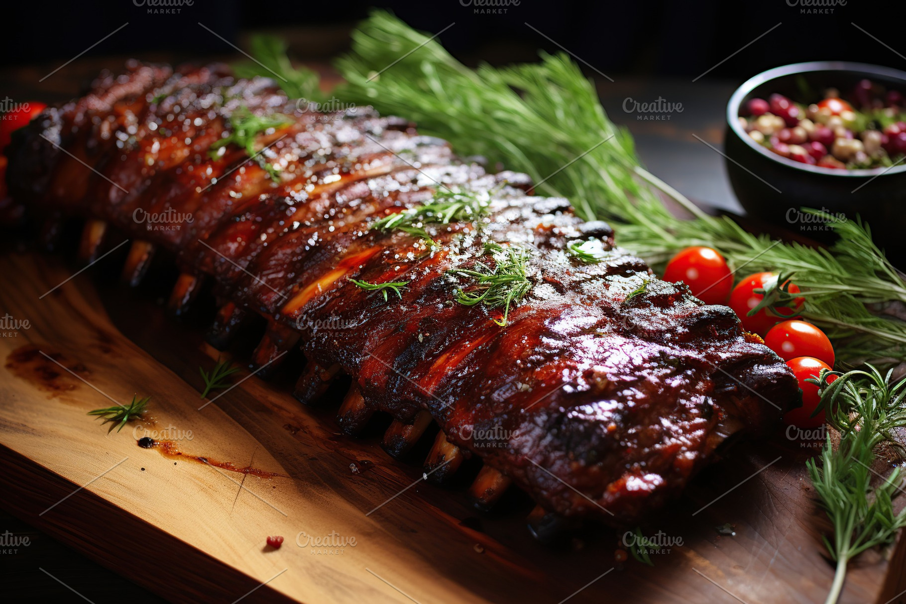 BBQ grilled ribs meat on wooden board, a Food & Drink Photo by AlyaAnd