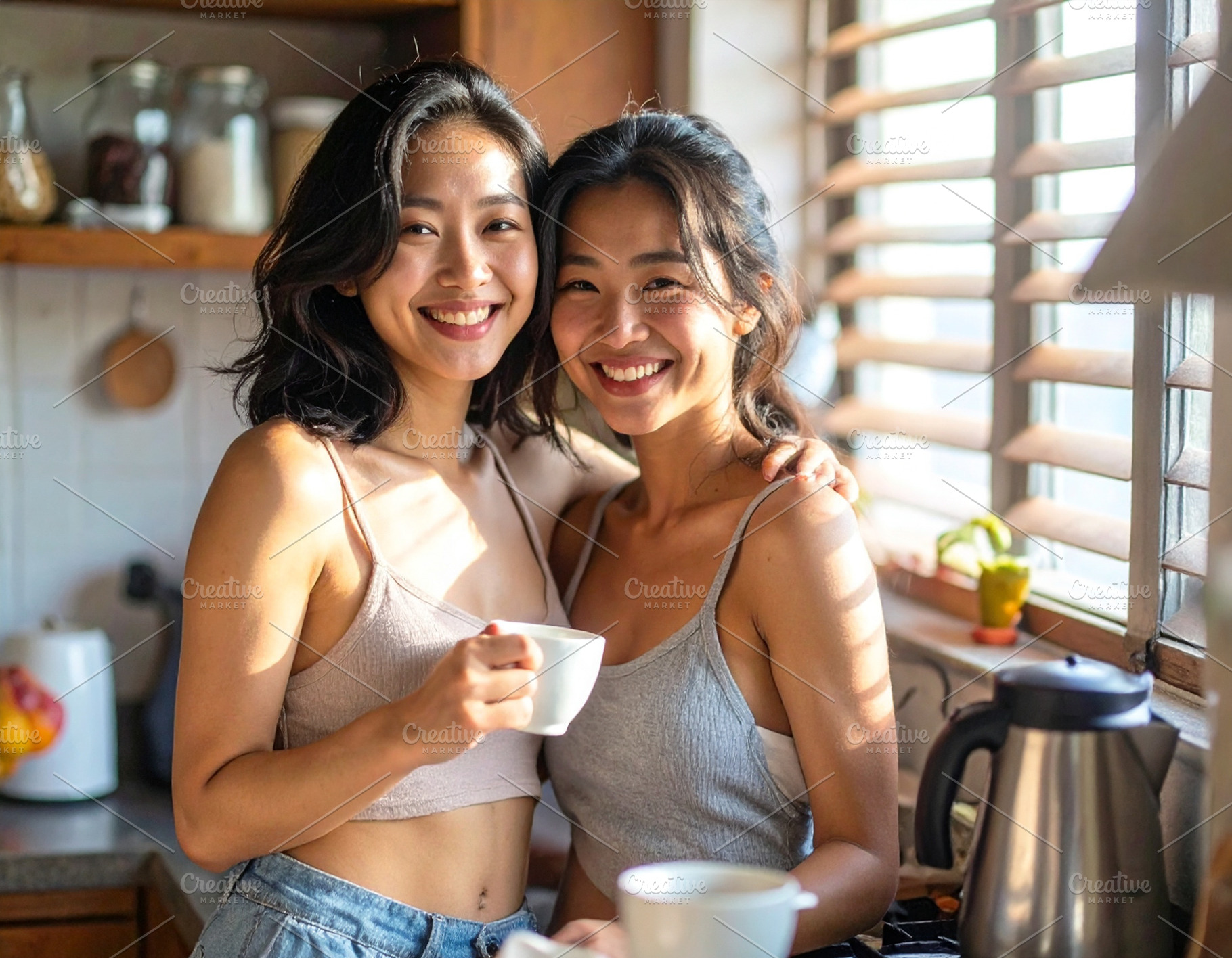 Two women stand close in a small kitchen, holding mugs and smili, a Person Photo by DanFLCreativo