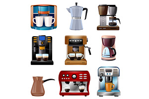 Coffee Maker Icons Set Cartoon