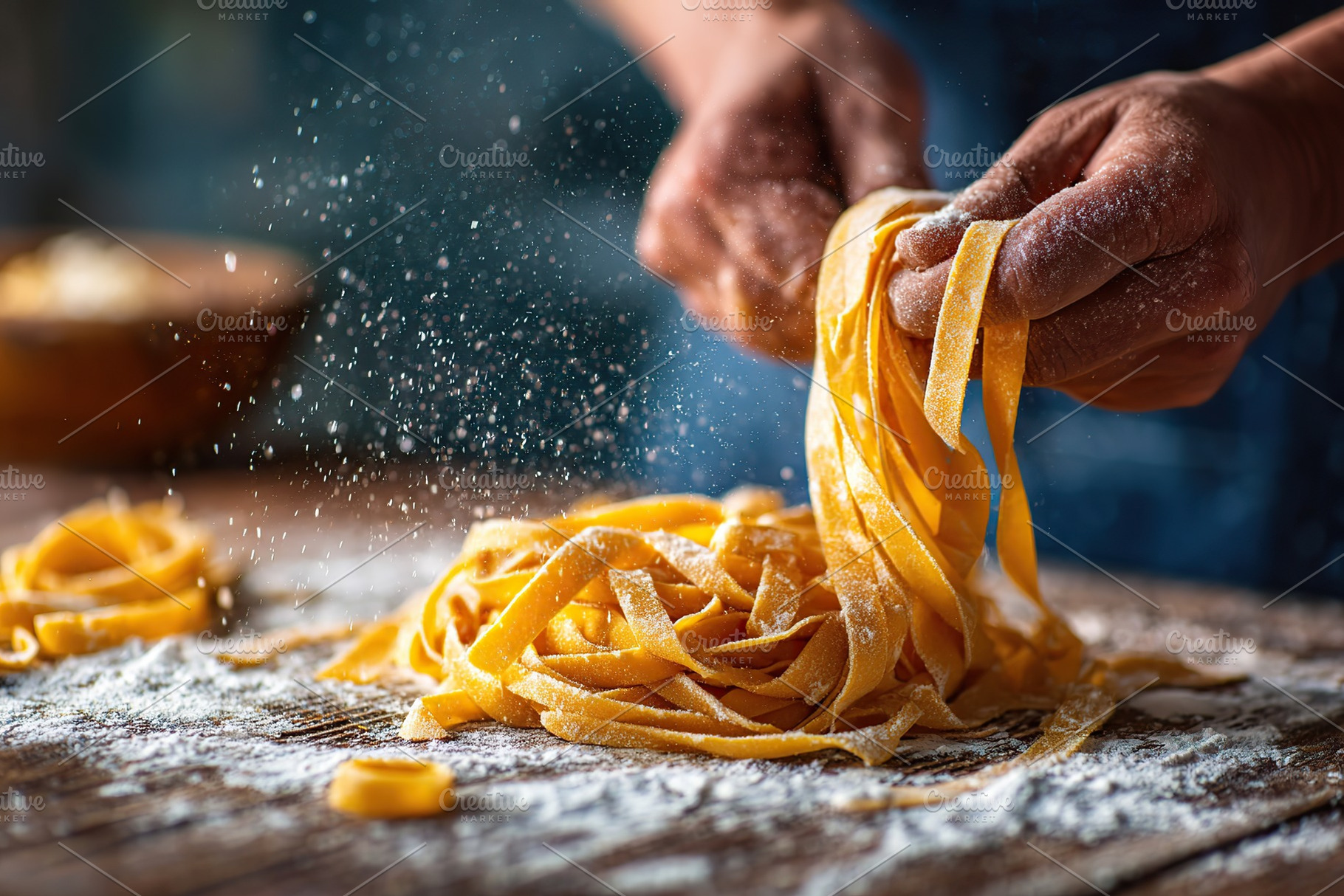 Fettuccine pasta being rolled and cut on a wooden surface with flour, a Food & Drink Photo by AlyaAnd