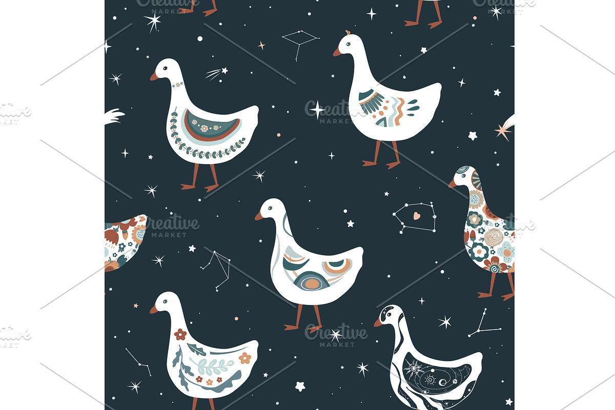 Cute cartoon geese among the stars, an Animal Illustration by Toltemara