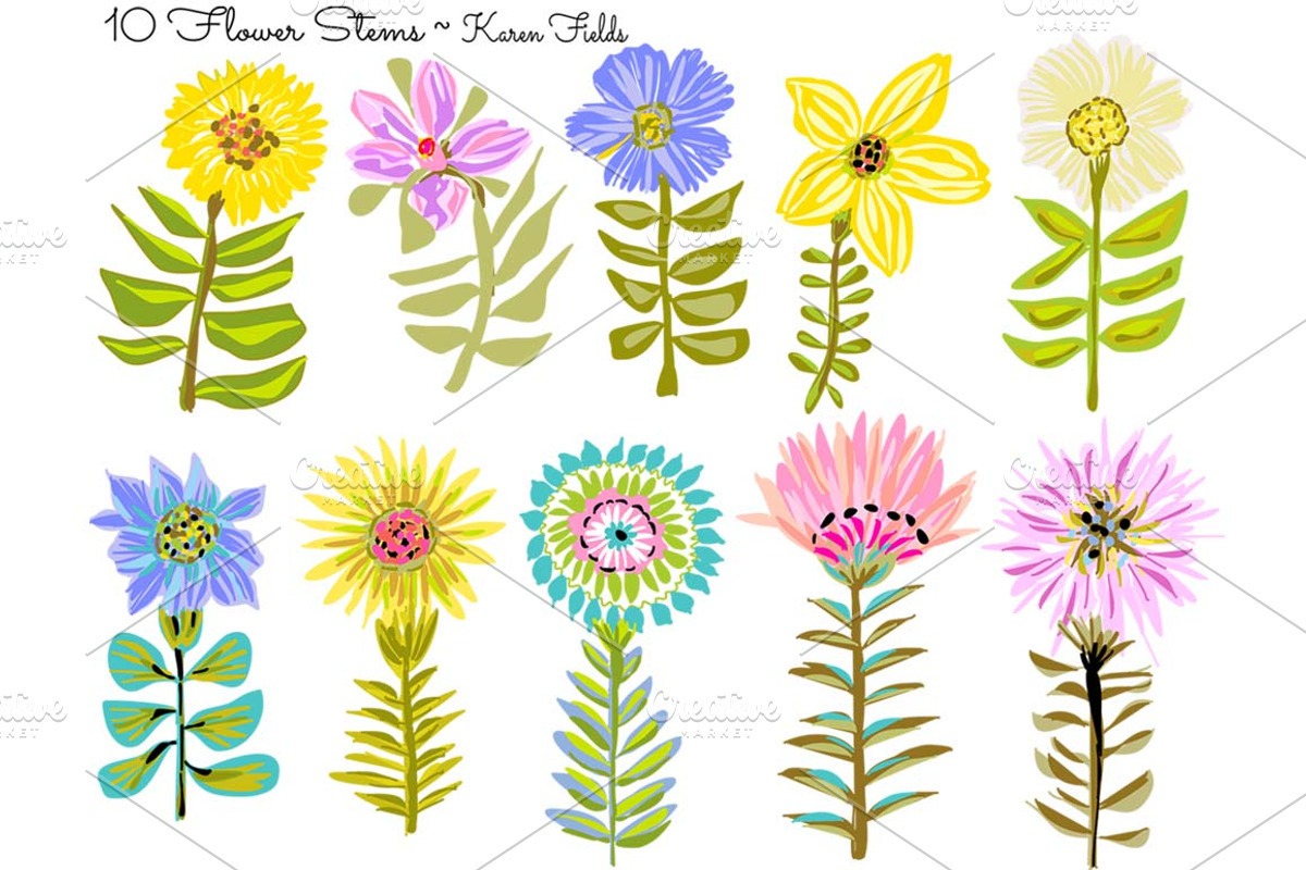 10 Flower Stems by Karen Fields, an Illustration by Karen Fields Design