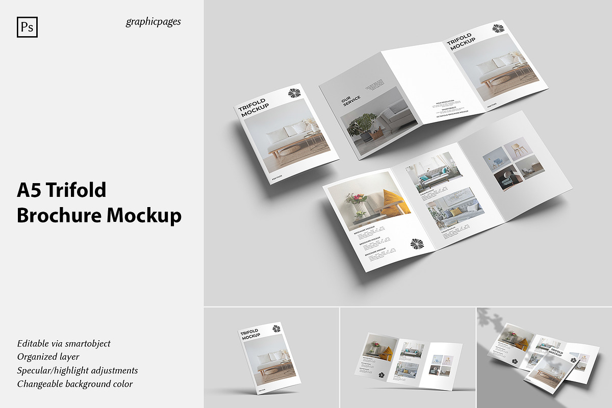 A5 Trifold Brochure Mockup, a Books & Magazine Mockup by graphicpages (Photo 1 of 16)