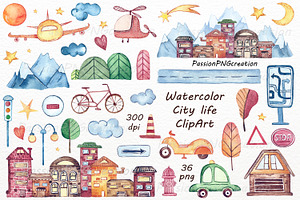 Watercolor City Life Clipart