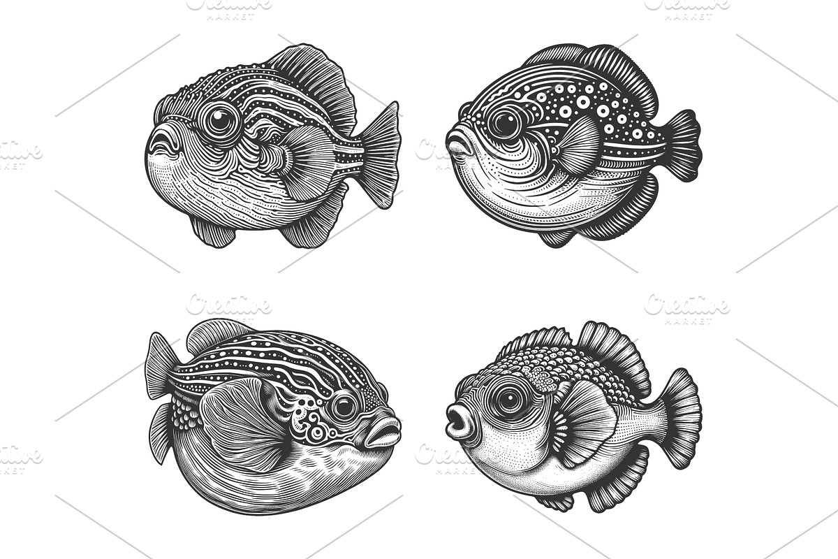 Puffer Fish engraving set vector, an Animal Illustration by AlexArt