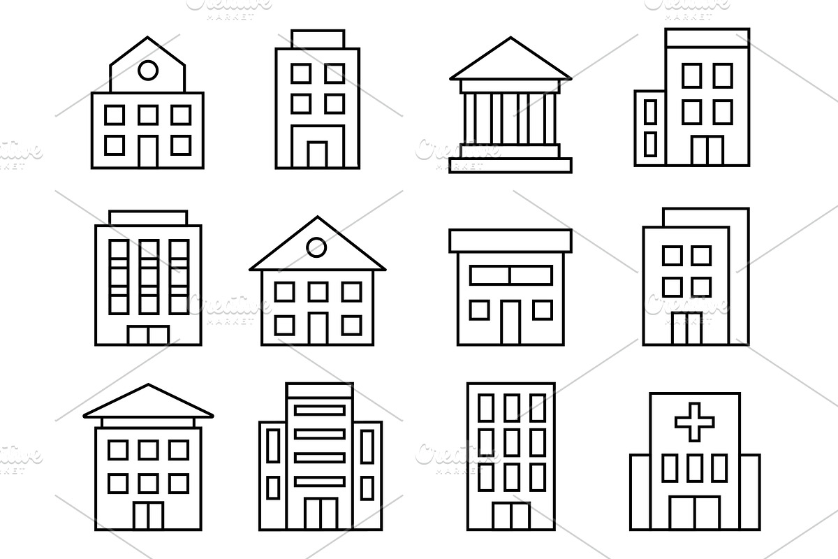 Black line building icons, an Illustration by Lemberg Vector