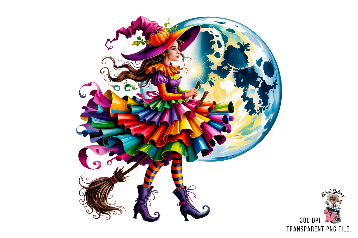 10 Colorful Autumn Witch PNG with Mo, an Illustration by Clipart Bloom (Photo 4 of 11)
