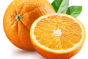 Orange fruits with leaves and orange slices isolated on a white, a Food & Drink Photo by Volff